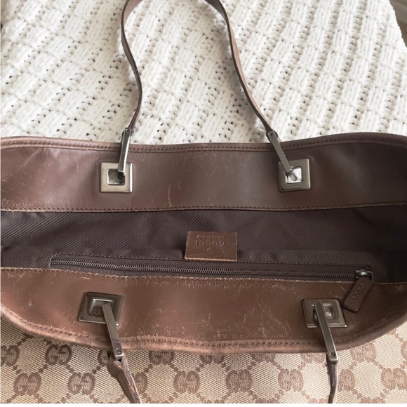 Vintage Gucci GG Signature Logo Brown Canvas Tote Silver Hardware - Picture 5 of 11